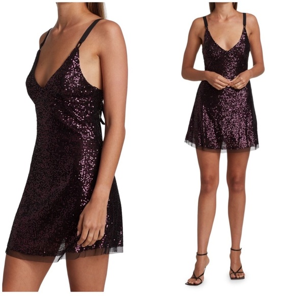 Free People Maroon Plum Gold Rush Sequin Mini Strappy Back Slip Dress - Picture 2 of 6
